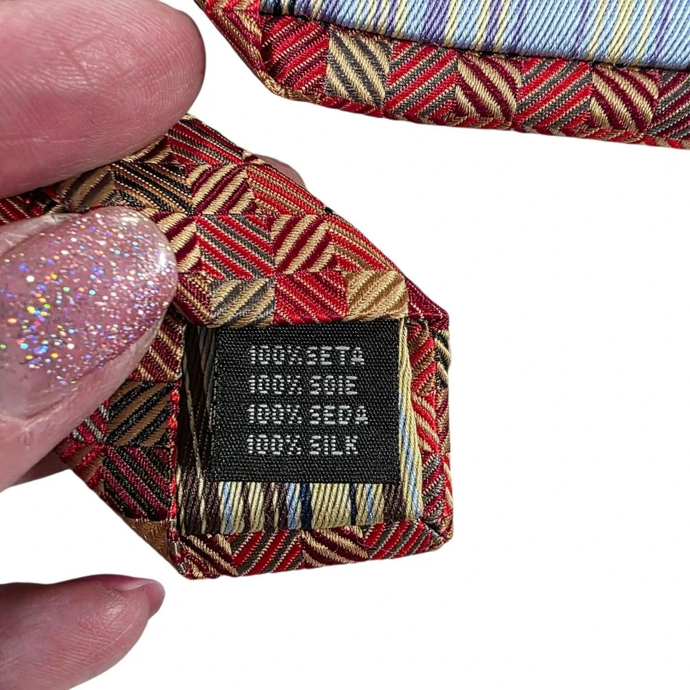 Alexander Julian American Modern‎ Geometric Silk Tie Red Gold Tan Burgundy Woven